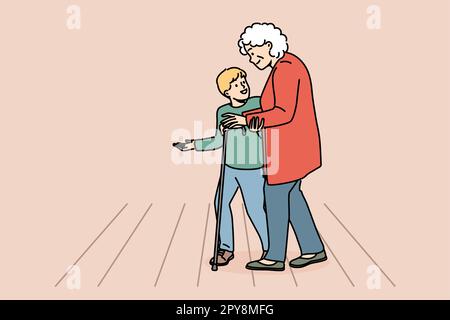 Enfant de petit garçon aidant la grand-mère mûre traverser la route. Mignon petit enfant tenir main aider femme âgée marcher dans la rue. Illustration vectorielle. Banque D'Images