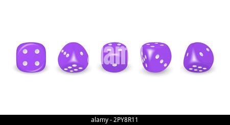 Vector 3D jeu violet réaliste Dice avec des points blancs ensemble d'icônes gros plan isolé sur fond blanc. Cubes de jeu pour jouer dans différentes positions, ca Banque D'Images