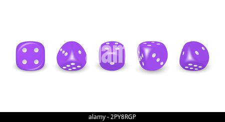 Vector 3D jeu violet réaliste Dice avec des points blancs ensemble d'icônes gros plan isolé sur fond blanc. Cubes de jeu pour jouer dans différentes positions, ca Banque D'Images