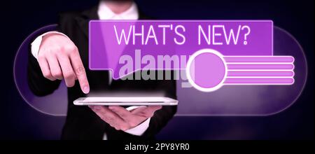 Affiche textuelle indiquant les nouveautés. Mot écrit sur les questions sur les dernières mises à jour tendances nouvelles Banque D'Images