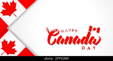 Affiche lettrage Happy Canada Day avec drapeaux. Illustration de la typographie vectorielle de la fête du Canada avec feuille d'érable rouge sur le drapeau Illustration de Vecteur