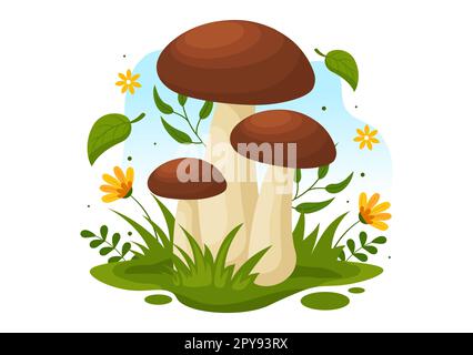 Champignons Illustration avec différents champignons, herbe et insectes pour bannière Web ou page d'arrivée dans des modèles dessinés à la main de dessin de dessin animé Banque D'Images