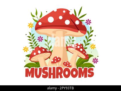 Champignons Illustration avec différents champignons, herbe et insectes pour bannière Web ou page d'arrivée dans des modèles dessinés à la main de dessin de dessin animé Banque D'Images