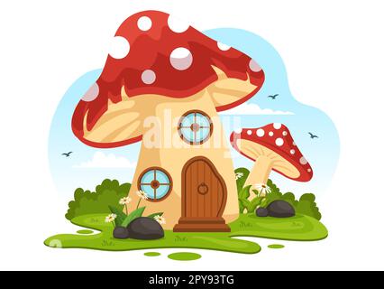 Champignons Illustration avec différents champignons, herbe et insectes pour bannière Web ou page d'arrivée dans des modèles dessinés à la main de dessin de dessin animé Banque D'Images