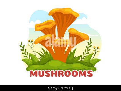 Champignons Illustration avec différents champignons, herbe et insectes pour bannière Web ou page d'arrivée dans des modèles dessinés à la main de dessin de dessin animé Banque D'Images