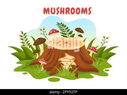 Champignons Illustration avec différents champignons, herbe et insectes pour bannière Web ou page d'arrivée dans des modèles dessinés à la main de dessin de dessin animé Banque D'Images