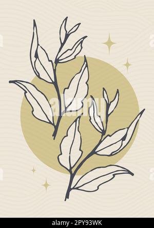 Affiche esthétique de couleur pastel avec feuilles et lune. Silhouette beige des plantes Illustration de Vecteur
