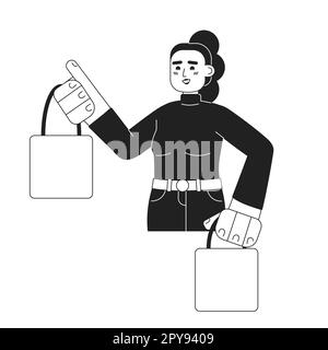 Femme satisfaite avec les sacs de shopping monochromatique plat vecteur caractère Illustration de Vecteur