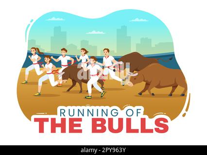 Exécution de l'illustration Bulls avec le spectacle BullFighting dans l'arène en dessin animé à la main pour le bandeau Web ou le modèle de page d'arrivée Banque D'Images