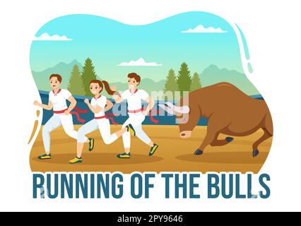 Exécution de l'illustration Bulls avec le spectacle BullFighting dans l'arène en dessin animé à la main pour le bandeau Web ou le modèle de page d'arrivée Banque D'Images