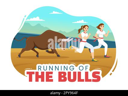 Exécution de l'illustration Bulls avec le spectacle BullFighting dans l'arène en dessin animé à la main pour le bandeau Web ou le modèle de page d'arrivée Banque D'Images