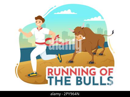 Exécution de l'illustration Bulls avec le spectacle BullFighting dans l'arène en dessin animé à la main pour le bandeau Web ou le modèle de page d'arrivée Banque D'Images