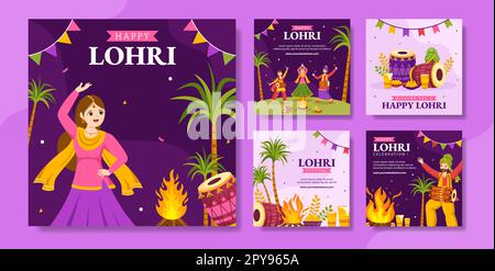 Happy Lohri Festival social Media Post Flat Cartoon dessins main modèles Illustration de fond Banque D'Images