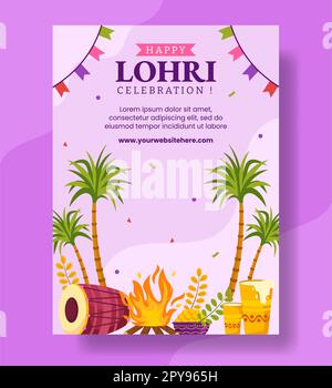 Happy Lohri Festival vertical Poster dessin main modèles Illustration de fond Banque D'Images