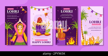 Happy Lohri Festival social Media Stories Flat Cartoon modèles dessinés à la main Illustration d'arrière-plan Banque D'Images