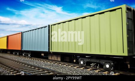 Train de cargaison se déplaçant sur le chemin de fer. 3D illustration. Banque D'Images
