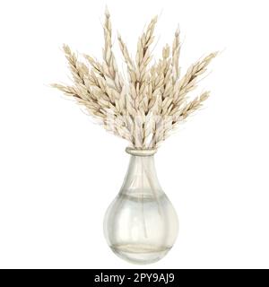 Aquarelle rustique blé oreilles bouquet en verre bouteille vase illustration dans les couleurs beige clair pour les vacances juives Shavuot Banque D'Images