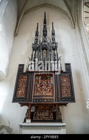 Chaire en bois ancien à St James Church à Rothenburg Banque D'Images