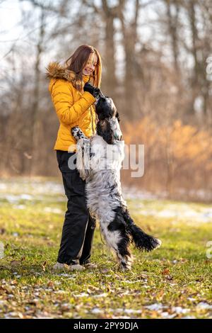 une jeune fille adolescente joue avec son chien dans la nature. réglage de l'anglais Banque D'Images