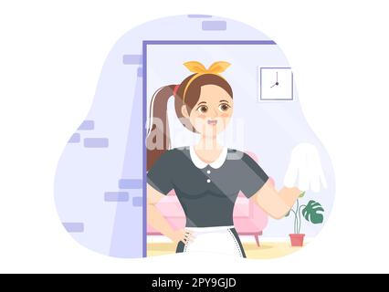 Professionnel fille Maid Illustration du service de nettoyage porter son uniforme avec tablier pour nettoyer une maison dans un dessin-modèle à la main Banque D'Images