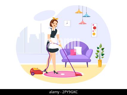 Professionnel fille Maid Illustration du service de nettoyage porter son uniforme avec tablier pour nettoyer une maison dans un dessin-modèle à la main Banque D'Images