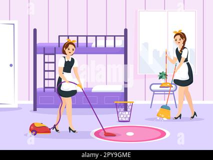 Professionnel fille Maid Illustration du service de nettoyage porter son uniforme avec tablier pour nettoyer une maison dans un dessin-modèle à la main Banque D'Images