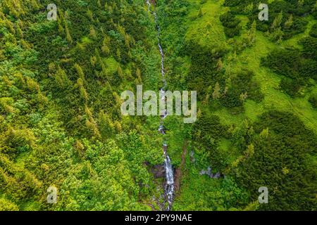 Un petit ruisseau qui coule du sommet des Carpates, vue générale du drone. Montagnes d'été Banque D'Images