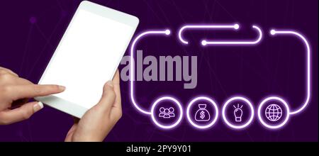 Main tenant le téléphone portable avec de nouvelles informations importantes sur l'affichage. Appuyez sur le bouton virtuel du doigt sur l'écran du téléphone portable. Image de style futuriste avec lueur de couleur. Banque D'Images