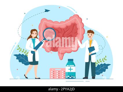 Proctologue ou coloscopie Illustration avec un docteur examine le côlon et les bactéries nocives dans le dessin main de Cartoon pour les modèles de page d'arrivée Banque D'Images
