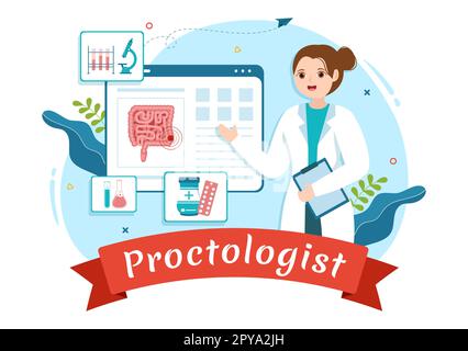 Proctologue ou coloscopie Illustration avec un docteur examine le côlon et les bactéries nocives dans le dessin main de Cartoon pour les modèles de page d'arrivée Banque D'Images