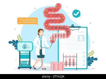 Proctologue ou coloscopie Illustration avec un docteur examine le côlon et les bactéries nocives dans le dessin main de Cartoon pour les modèles de page d'arrivée Banque D'Images
