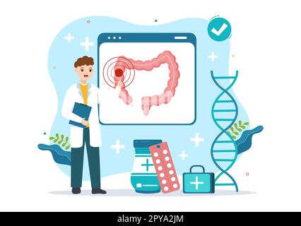 Proctologue ou coloscopie Illustration avec un docteur examine le côlon et les bactéries nocives dans le dessin main de Cartoon pour les modèles de page d'arrivée Banque D'Images