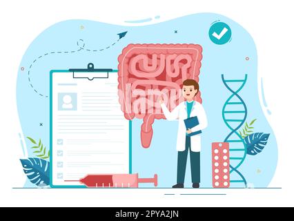 Proctologue ou coloscopie Illustration avec un docteur examine le côlon et les bactéries nocives dans le dessin main de Cartoon pour les modèles de page d'arrivée Banque D'Images