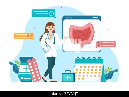 Proctologue ou coloscopie Illustration avec un docteur examine le côlon et les bactéries nocives dans le dessin main de Cartoon pour les modèles de page d'arrivée Banque D'Images