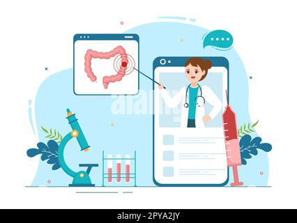 Proctologue ou coloscopie Illustration avec un docteur examine le côlon et les bactéries nocives dans le dessin main de Cartoon pour les modèles de page d'arrivée Banque D'Images