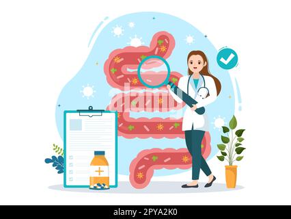 Proctologue ou coloscopie Illustration avec un docteur examine le côlon et les bactéries nocives dans le dessin main de Cartoon pour les modèles de page d'arrivée Banque D'Images