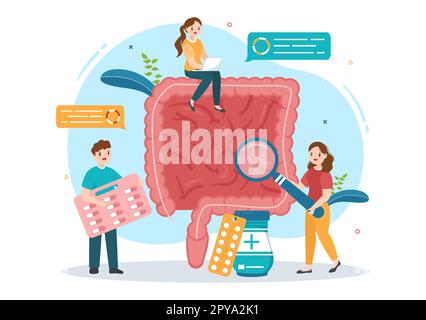 Proctologue ou coloscopie Illustration avec un docteur examine le côlon et les bactéries nocives dans le dessin main de Cartoon pour les modèles de page d'arrivée Banque D'Images