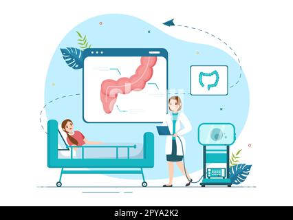 Proctologue ou coloscopie Illustration avec un docteur examine le côlon et les bactéries nocives dans le dessin main de Cartoon pour les modèles de page d'arrivée Banque D'Images