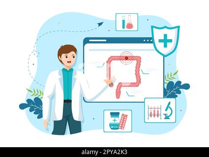 Proctologue ou coloscopie Illustration avec un docteur examine le côlon et les bactéries nocives dans le dessin main de Cartoon pour les modèles de page d'arrivée Banque D'Images