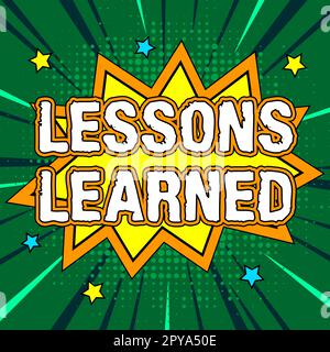 Texte montrant les leçons d'inspiration apprises. Concept sens promouvoir le partage et l'utilisation des connaissances issues de l'expérience Banque D'Images