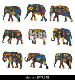 Ensemble d'éléphants colorés avec motif de symboles ethniques Banque D'Images