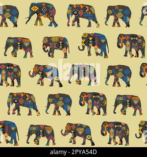 Arrière-plan sans couture avec des éléphants à motifs de symboles ethniques Banque D'Images