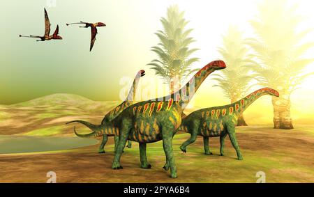 Les ptérosaures de Dimorphodon suivent un troupeau de dinosaures de Jobaria sauropode pendant la période jurassique. Banque D'Images