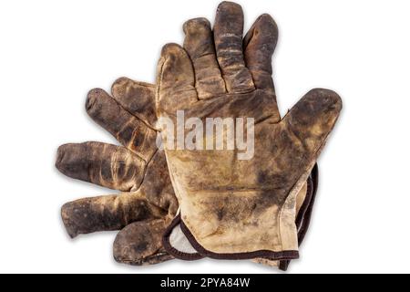 vieux gants de travail sur fond blanc Banque D'Images