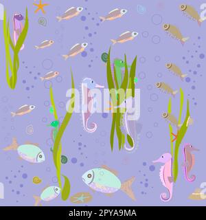 coquillages colorés et hippocampes sans coutures sans arrière-plan Banque D'Images