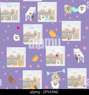 dessinez les chiots et les chatons par la fenêtre Banque D'Images