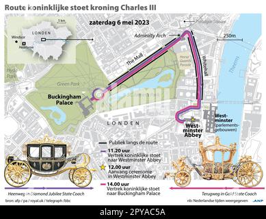 METTRE À JOUR la route du couronnement royal de procession Charles III Avec le public de l'emplacement le long de l'itinéraire et les détails de l'horaire. ANP INFOGRAPHICS netherlands Out - belgium Out Banque D'Images