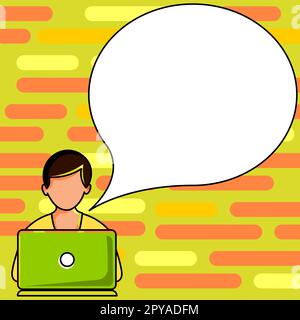 Homme assis à la table avec ordinateur portable. Grande bulle blanche pour le texte en survol. Boîte de dialogue vide sur fond lumineux. Illustration de dessin vectoriel. Banque D'Images