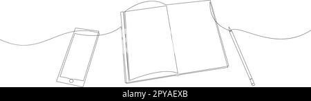Espace de travail moderne dessin d'une ligne, téléphone intelligent, livre et crayon à main en continu. Symboles du travail créatif et du travail numérique de l'entreprise Illustration de Vecteur