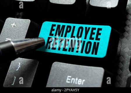 Légende présentant la rétention des employés. Mot écrit sur la méthode de recrutement interne employée par les organisations Banque D'Images